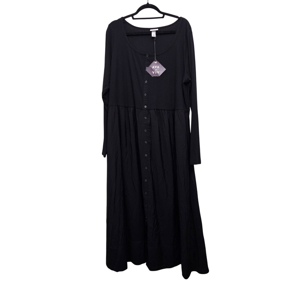 Ava & Viv Long Dress Women 2X Black Mixed Media Button Front Pocket Long Sleeve